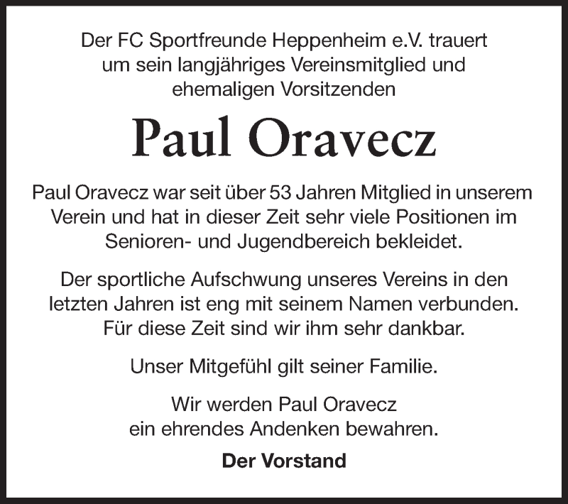  Traueranzeige für Paul Oravecz vom 04.10.2014 aus Starkenburger Echo