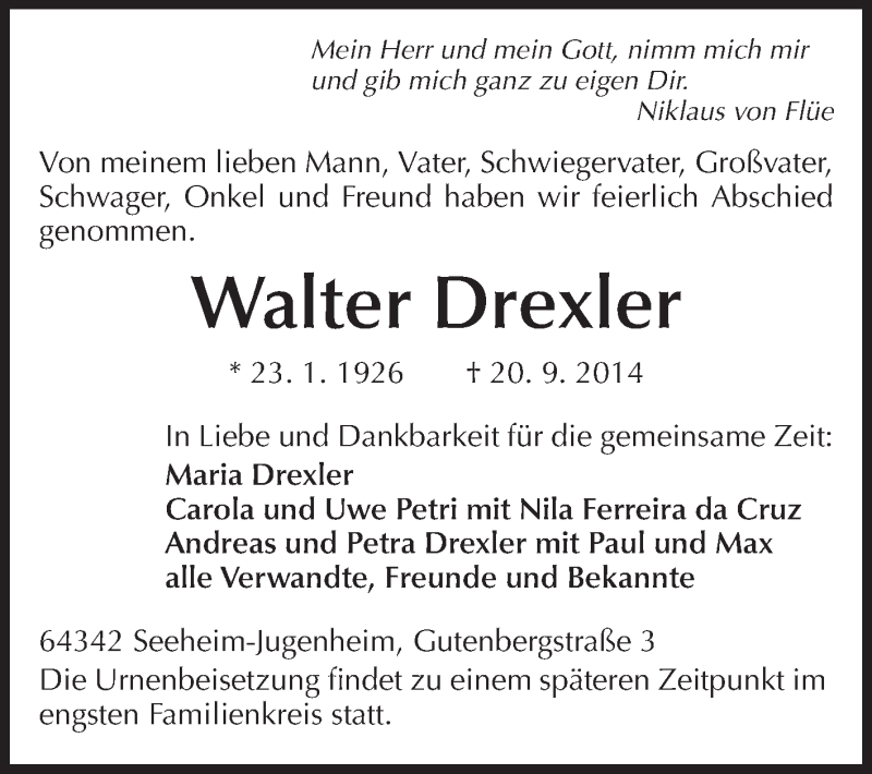  Traueranzeige für Walter Drexler vom 04.10.2014 aus Echo-Zeitungen (Gesamtausgabe)