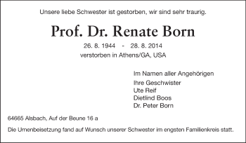 Traueranzeige von Renate Born von Echo-Zeitungen (Gesamtausgabe)