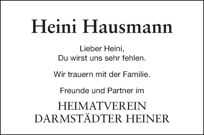  Traueranzeige für Heinrich Heini Hausmann vom 04.10.2014 aus Echo-Zeitungen (Gesamtausgabe)