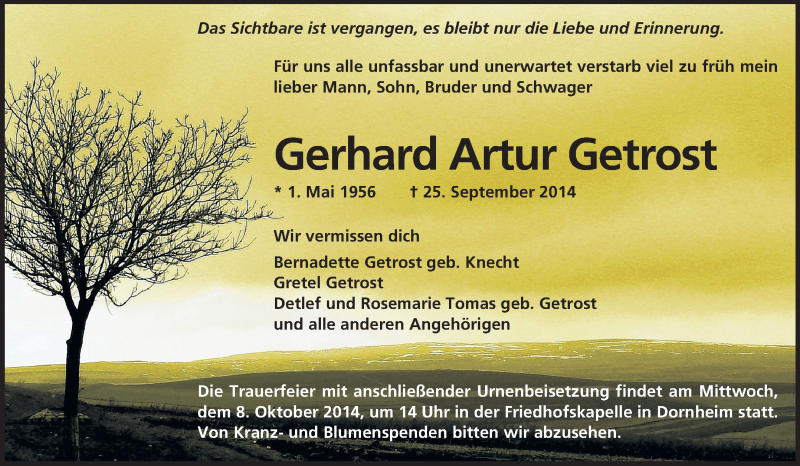  Traueranzeige für Gerhard Artur Getrost vom 04.10.2014 aus Echo-Zeitungen (Gesamtausgabe)