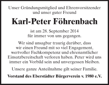 Traueranzeige von Karl-Peter Föhrenbach von Echo-Zeitungen (Gesamtausgabe)