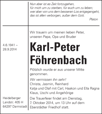 Traueranzeige von Karl-Peter Föhrenbach von Echo-Zeitungen (Gesamtausgabe)
