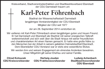 Traueranzeige von Karl-Peter Föhrenbach von Echo-Zeitungen (Gesamtausgabe)