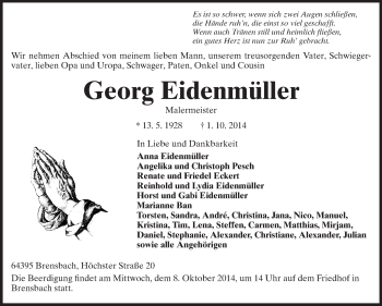 Traueranzeige von Georg Eidenmüller von Echo-Zeitungen (Gesamtausgabe)