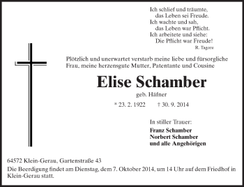 Traueranzeige von Elise Schamber von Rüsselsheimer Echo, Groß-Gerauer-Echo, Ried Echo