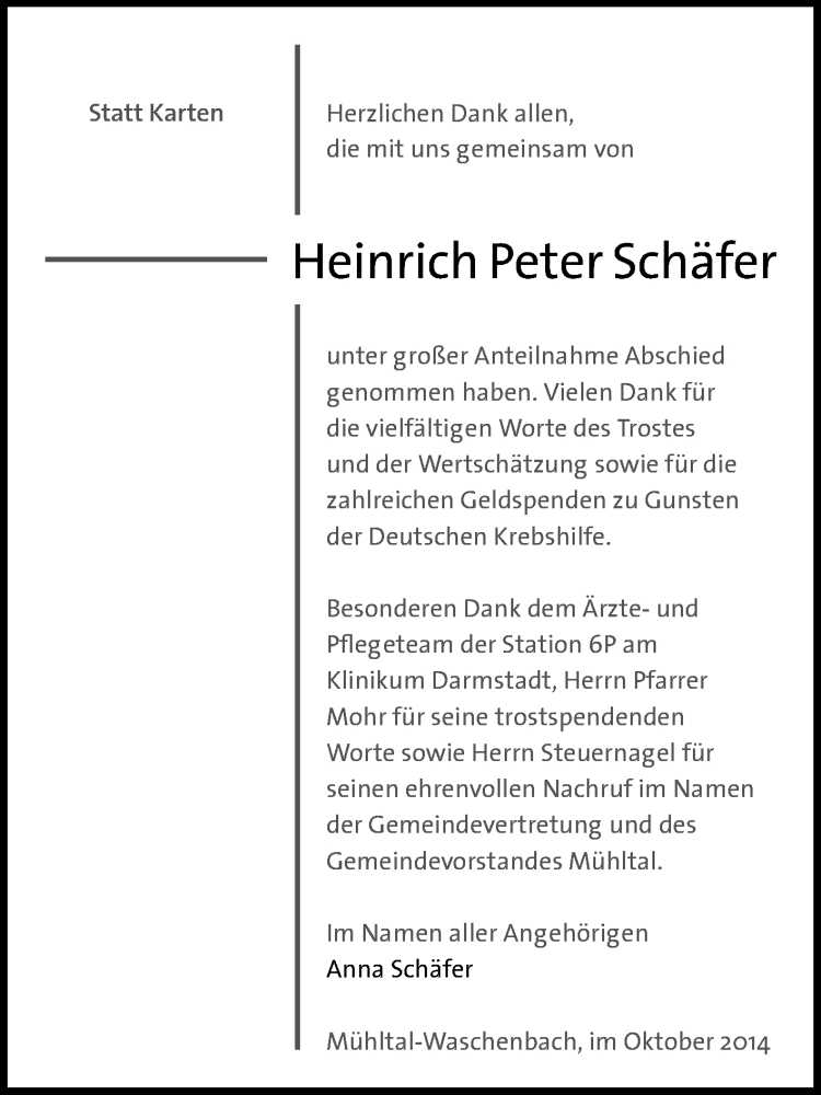  Traueranzeige für Heinrich Peter Schäfer vom 04.10.2014 aus Echo-Zeitungen (Gesamtausgabe)
