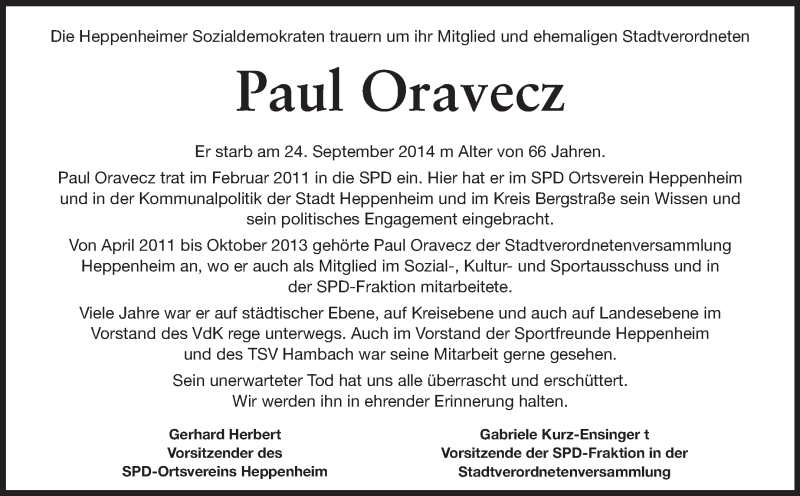  Traueranzeige für Paul Oravecz vom 04.10.2014 aus Starkenburger Echo