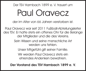 Traueranzeige von Paul Oravecz von Starkenburger Echo