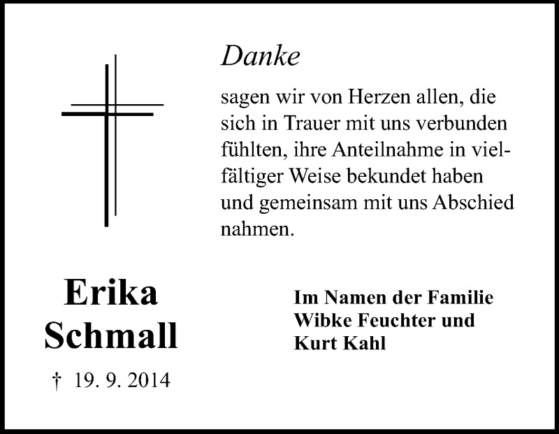  Traueranzeige für Erika Schmall vom 04.10.2014 aus Rüsselsheimer Echo, Groß-Gerauer-Echo, Ried Echo