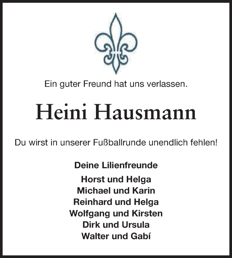  Traueranzeige für Heinrich Heini Hausmann vom 04.10.2014 aus Echo-Zeitungen (Gesamtausgabe)