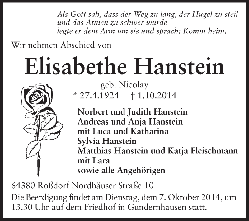  Traueranzeige für Elisabethe Hanstein vom 04.10.2014 aus Echo-Zeitungen (Gesamtausgabe)