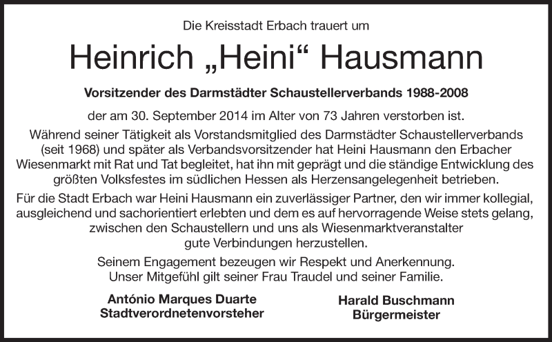  Traueranzeige für Heinrich Heini Hausmann vom 04.10.2014 aus Echo-Zeitungen (Gesamtausgabe)