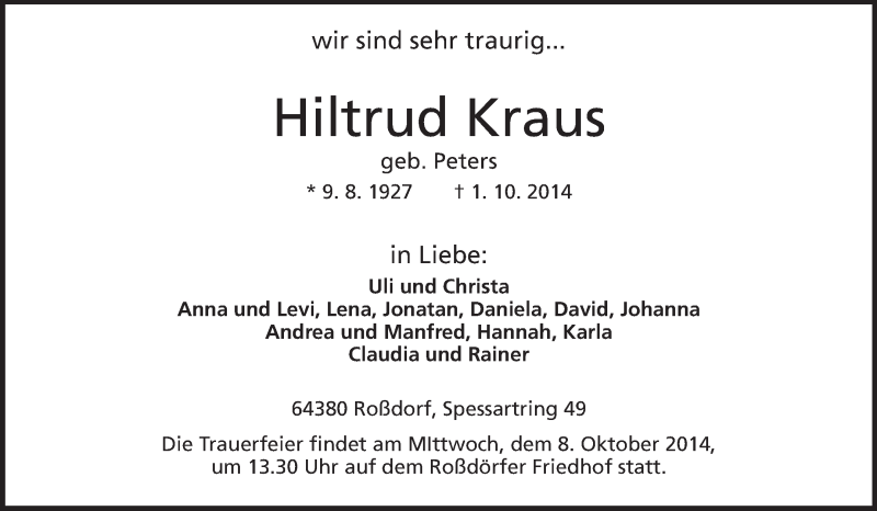  Traueranzeige für Hiltrud Kraus vom 06.10.2014 aus Echo-Zeitungen (Gesamtausgabe)