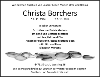 Traueranzeige von Christa Borchers von Odenwälder Echo