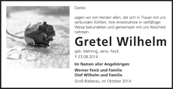 Traueranzeige von Gretel Wilhelm von Echo-Zeitungen (Gesamtausgabe)