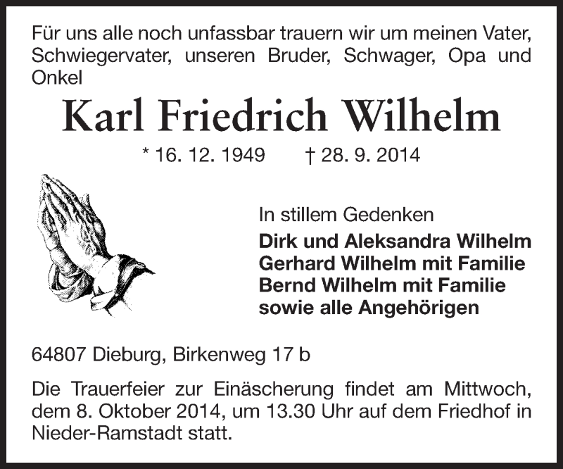  Traueranzeige für Karl Friedrich Wilhelm vom 06.10.2014 aus Echo-Zeitungen (Gesamtausgabe)