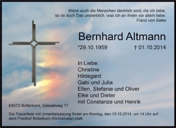 Traueranzeige von Bernhard Altmann von Rüsselsheimer Echo, Groß-Gerauer-Echo, Ried Echo