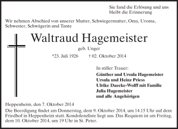 Traueranzeige von Waltraud Hagemeister von Starkenburger Echo