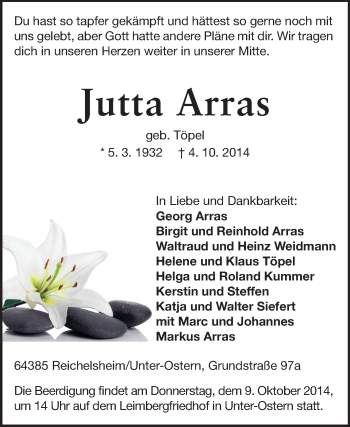 Traueranzeige von Jutta Arras von Odenwälder Echo