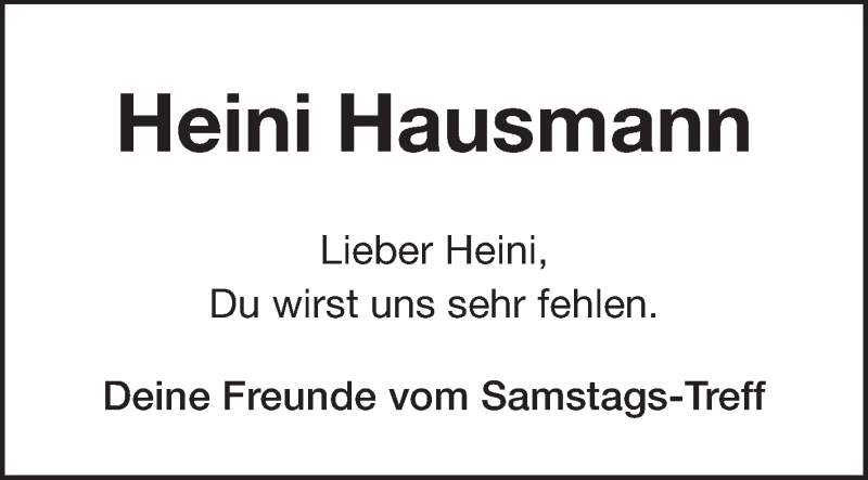  Traueranzeige für Heini Hausmann vom 08.10.2014 aus Echo-Zeitungen (Gesamtausgabe)
