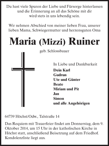 Traueranzeige von Maria Ruiner von Odenwälder Echo