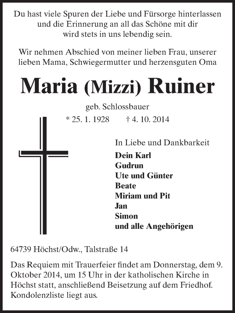  Traueranzeige für Maria Ruiner vom 08.10.2014 aus Odenwälder Echo