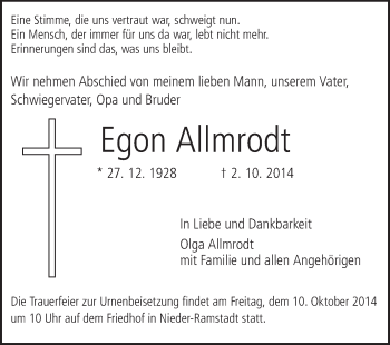 Traueranzeige von Egon Allmrodt von Echo-Zeitungen (Gesamtausgabe)