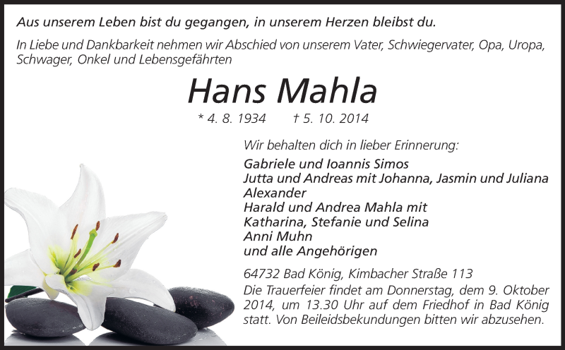  Traueranzeige für Hans Mahla vom 07.10.2014 aus Odenwälder Echo