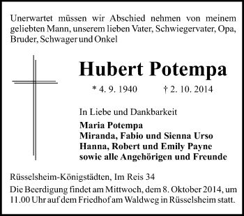 Traueranzeige von Hubert Potempa von Rüsselsheimer Echo, Groß-Gerauer-Echo, Ried Echo