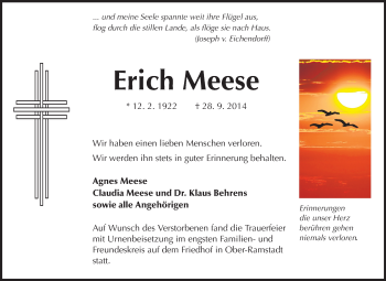 Traueranzeige von Erich Meese von Echo-Zeitungen (Gesamtausgabe)