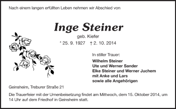 Traueranzeige von Inge Steiner von Rüsselsheimer Echo, Groß-Gerauer-Echo, Ried Echo
