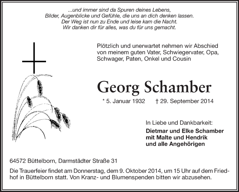  Traueranzeige für Georg Schamber vom 08.10.2014 aus Rüsselsheimer Echo, Groß-Gerauer-Echo, Ried Echo
