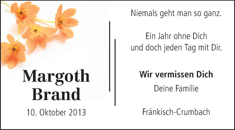  Traueranzeige für Margoth Brand vom 10.10.2014 aus Odenwälder Echo