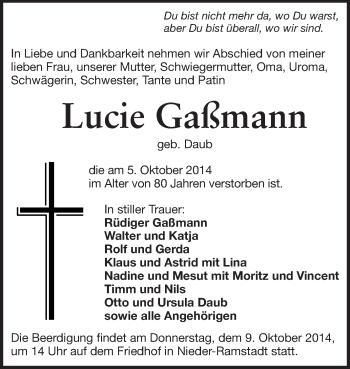 Traueranzeige von Lucie Gaßmann von Echo-Zeitungen (Gesamtausgabe)