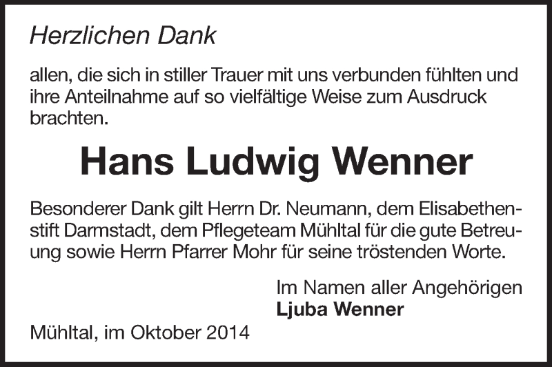  Traueranzeige für Hans Ludwig Wenner vom 11.10.2014 aus Echo-Zeitungen (Gesamtausgabe)