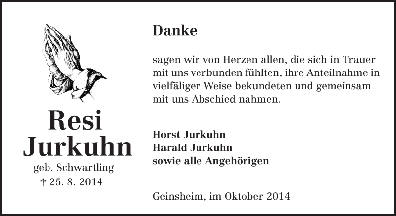  Traueranzeige für Resi Jurkuhn vom 10.10.2014 aus Rüsselsheimer Echo, Groß-Gerauer-Echo, Ried Echo