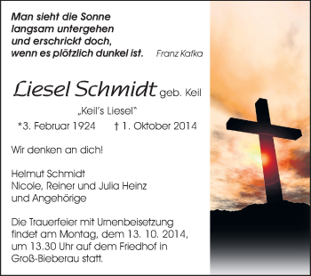 Traueranzeige von Liesel Schmidt von Echo-Zeitungen (Gesamtausgabe)