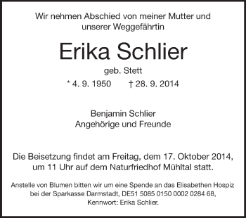 Traueranzeige von Erika Schlier von Echo-Zeitungen (Gesamtausgabe)