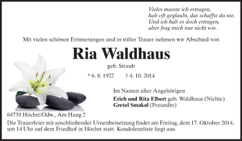 Traueranzeige von Ria Waldhaus von Odenwälder Echo