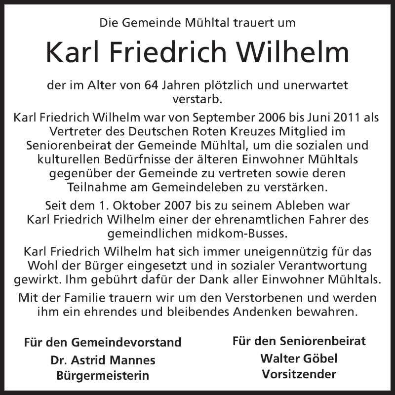  Traueranzeige für Karl Friedrich Wilhelm vom 08.10.2014 aus Echo-Zeitungen (Gesamtausgabe)