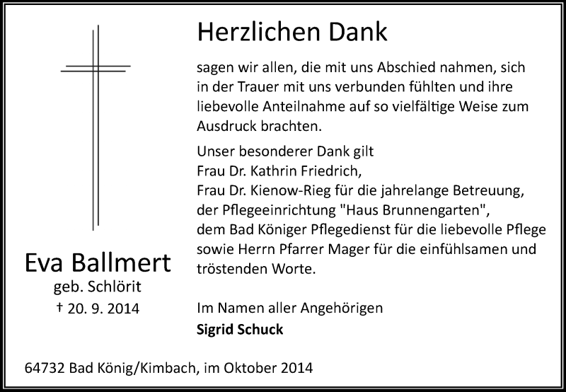  Traueranzeige für Eva Ballmert vom 10.10.2014 aus Odenwälder Echo