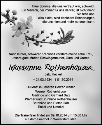Traueranzeige von Marianne Rothenhäuser von Echo-Zeitungen (Gesamtausgabe)