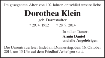 Traueranzeige von Dorothea Klein von Echo-Zeitungen (Gesamtausgabe)