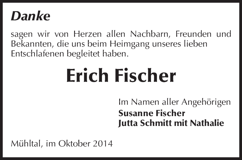 Traueranzeige für Erich Fischer vom 11.10.2014 aus Echo-Zeitungen (Gesamtausgabe)