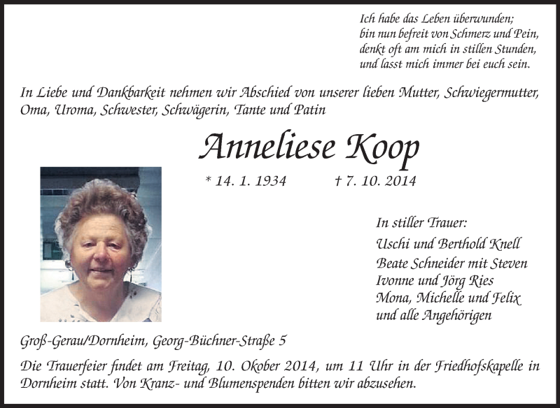  Traueranzeige für Anneliese Koop vom 09.10.2014 aus Rüsselsheimer Echo, Groß-Gerauer-Echo, Ried Echo