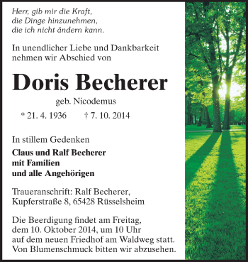 Traueranzeige von Doris Becherer von Rüsselsheimer Echo, Groß-Gerauer-Echo, Ried Echo