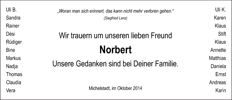  Traueranzeige für Norbert Ihrig vom 11.10.2014 aus Odenwälder Echo