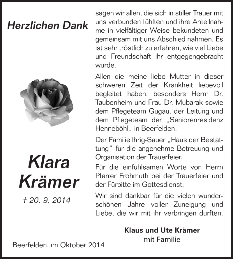  Traueranzeige für Klara Krämer vom 16.10.2014 aus Odenwälder Echo