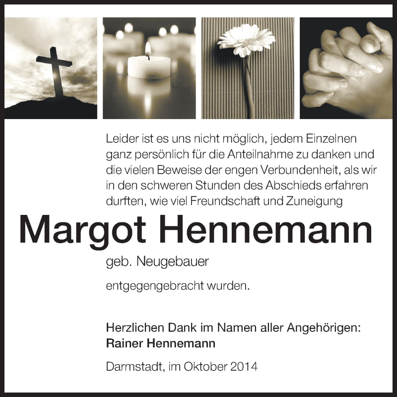  Traueranzeige für Margot Hennemann vom 11.10.2014 aus Echo-Zeitungen (Gesamtausgabe)